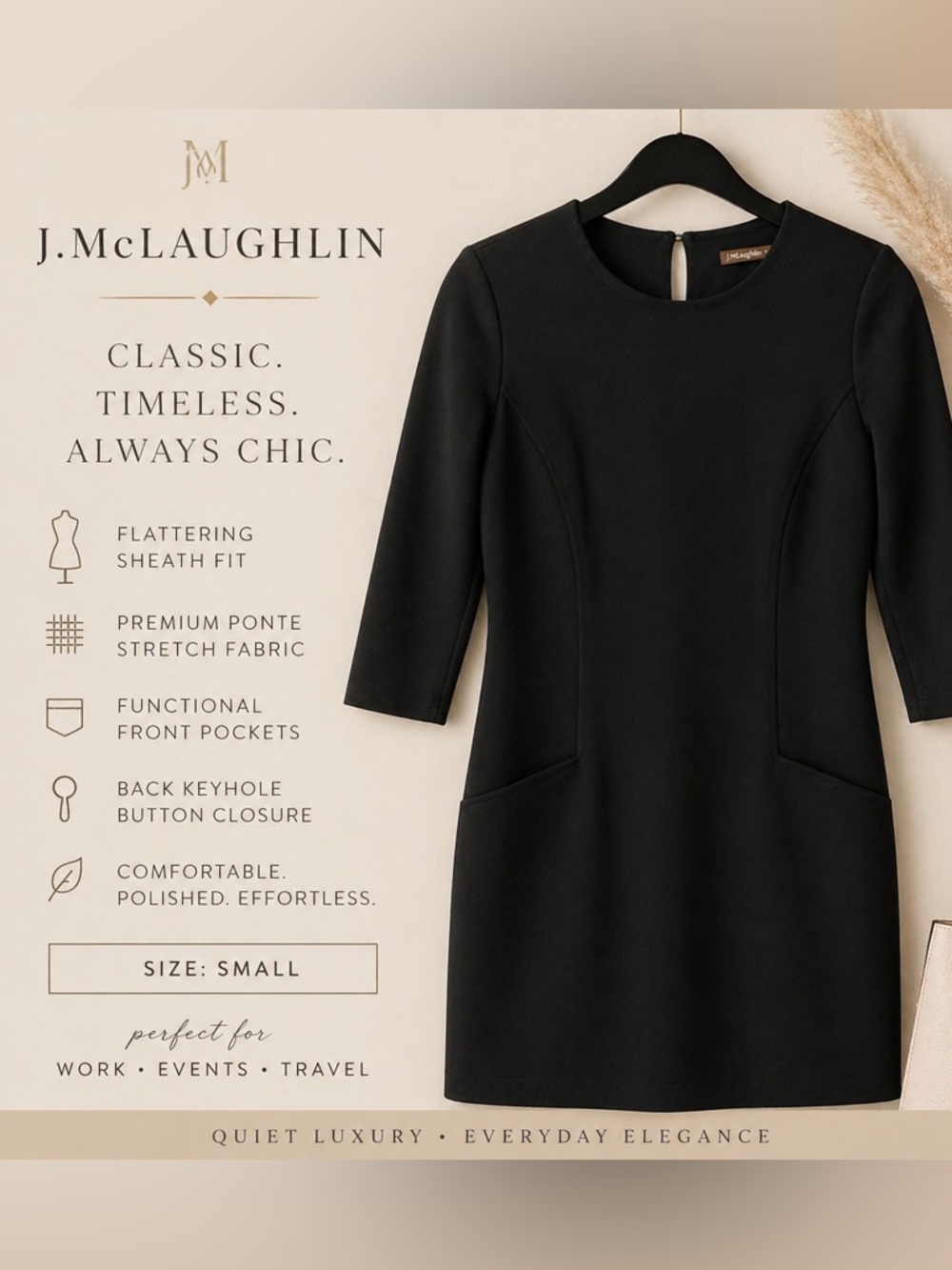J. McLaughlin Black Ponte Sheath Dress Size S | Classic Chic Stretch Work Dress - Picture 3 of 4